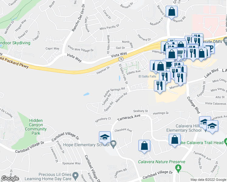 map of restaurants, bars, coffee shops, grocery stores, and more near 3128 Nala Way in Carlsbad