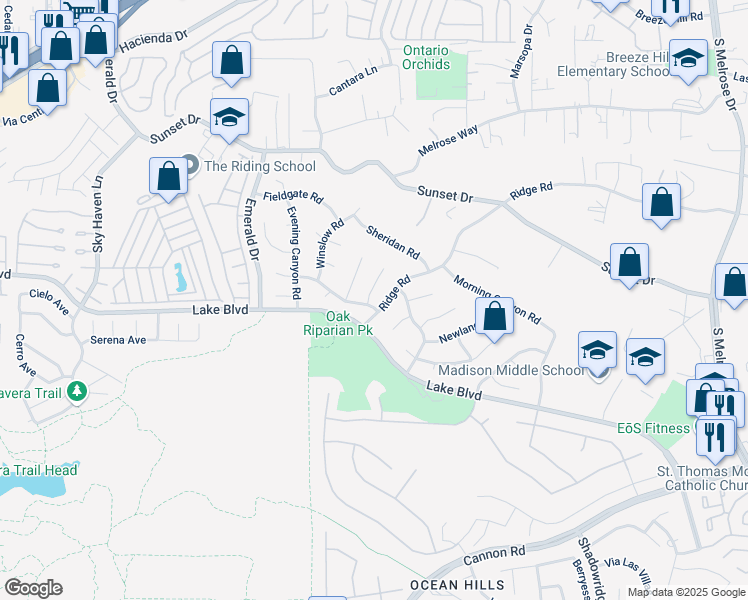 map of restaurants, bars, coffee shops, grocery stores, and more near 3599 Ridge Road in Oceanside