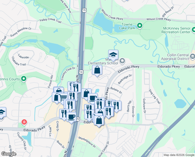 map of restaurants, bars, coffee shops, grocery stores, and more near 1300 W Eldorado Pkwy in McKinney