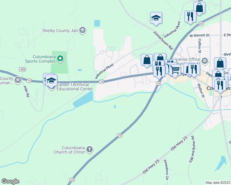 map of restaurants, bars, coffee shops, grocery stores, and more near 455 Highway 70 in Columbiana
