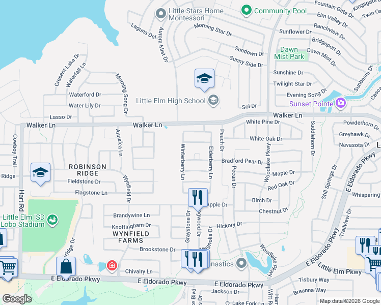 map of restaurants, bars, coffee shops, grocery stores, and more near 1920 Bradford Pear Drive in Little Elm