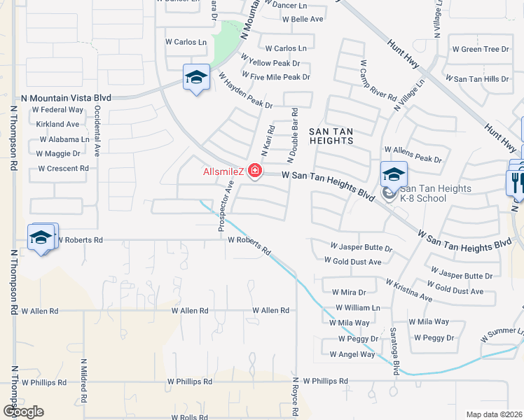 map of restaurants, bars, coffee shops, grocery stores, and more near 3287 West Goldmine Mountain Cove in San Tan Valley