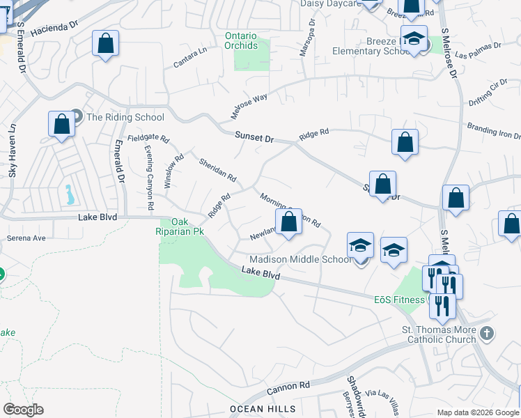 map of restaurants, bars, coffee shops, grocery stores, and more near 3582 Prestwick Circle in Oceanside