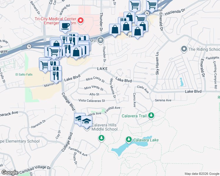 map of restaurants, bars, coffee shops, grocery stores, and more near 4111 Alto Street in Oceanside