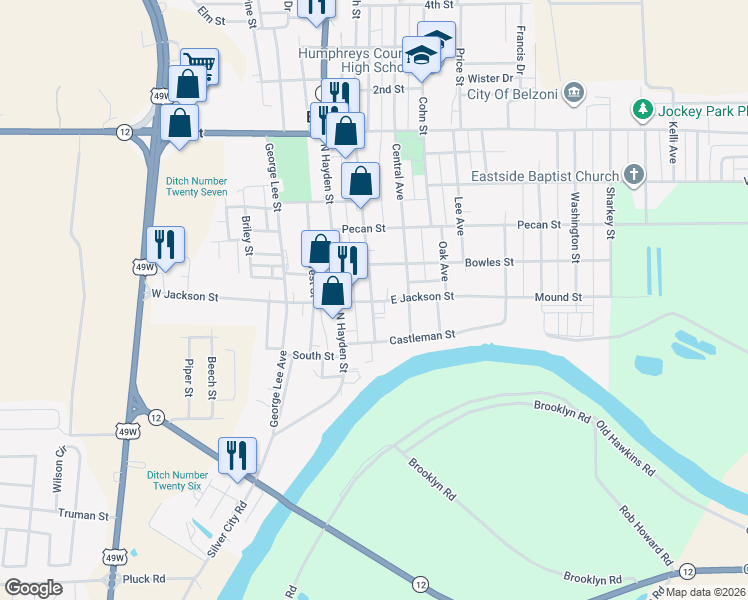 map of restaurants, bars, coffee shops, grocery stores, and more near 103 Church Street in Belzoni