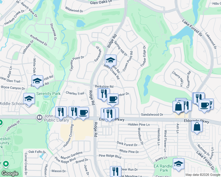 map of restaurants, bars, coffee shops, grocery stores, and more near 2609 Dunbar Drive in McKinney