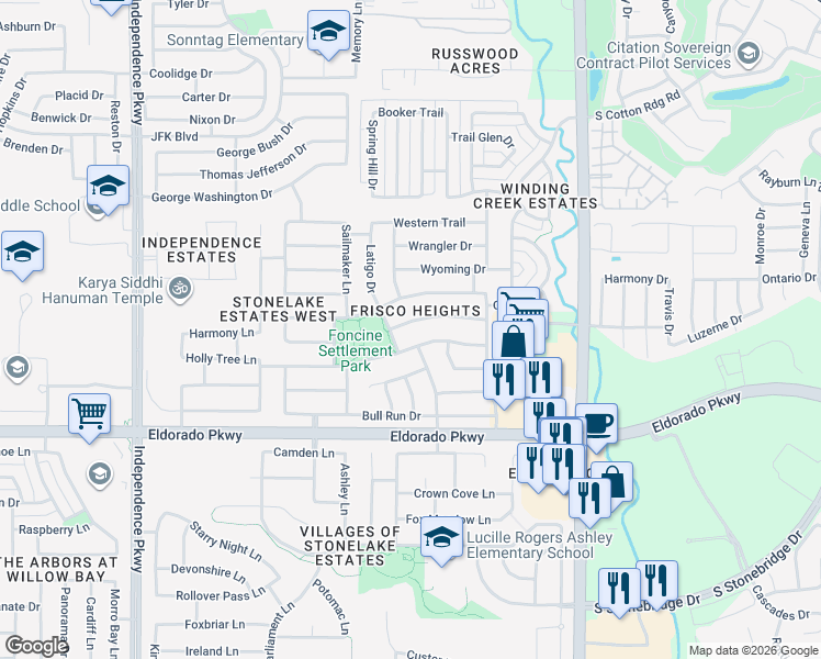 map of restaurants, bars, coffee shops, grocery stores, and more near 15579 Appaloosa Drive in Frisco