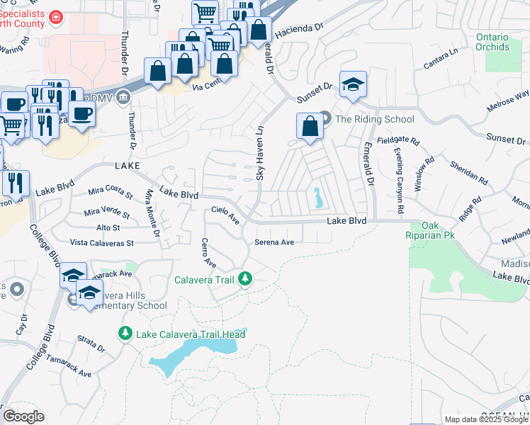 map of restaurants, bars, coffee shops, grocery stores, and more near 4318 Mirage Lane in Oceanside