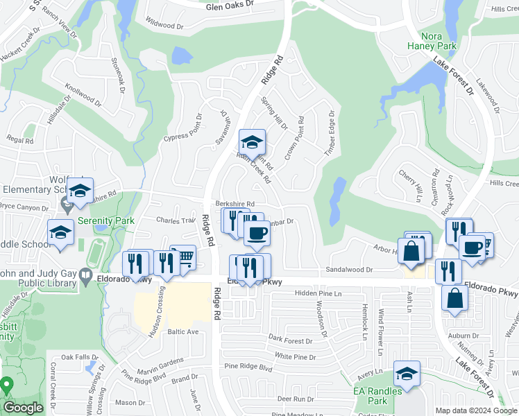 map of restaurants, bars, coffee shops, grocery stores, and more near 6109 Berkshire Road in McKinney