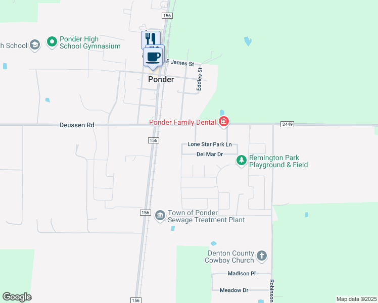 map of restaurants, bars, coffee shops, grocery stores, and more near 540 Del Mar Drive in Ponder