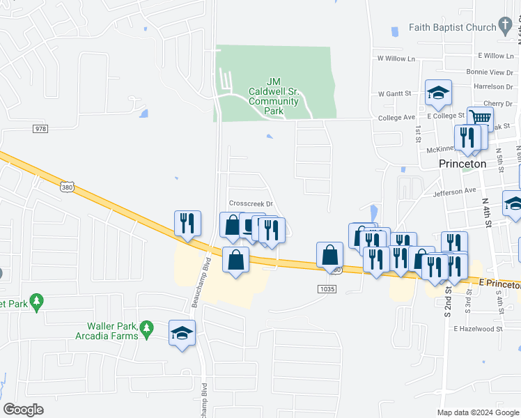 map of restaurants, bars, coffee shops, grocery stores, and more near 308 Crosscreek Drive in Princeton
