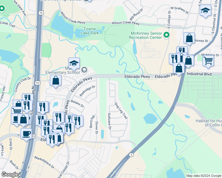 map of restaurants, bars, coffee shops, grocery stores, and more near 808 Tee Drive in McKinney