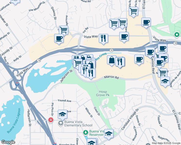 map of restaurants, bars, coffee shops, grocery stores, and more near 1838 Marron Road in Carlsbad