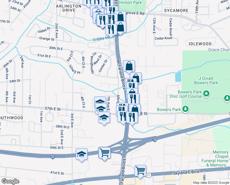 map of restaurants, bars, coffee shops, grocery stores, and more near 721 33rd Street East in Tuscaloosa