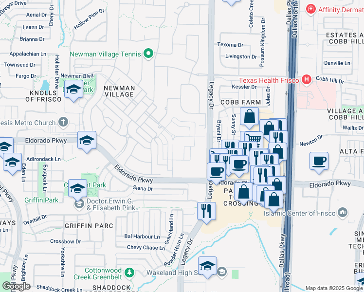 map of restaurants, bars, coffee shops, grocery stores, and more near 12331 Legacy Drive in Frisco