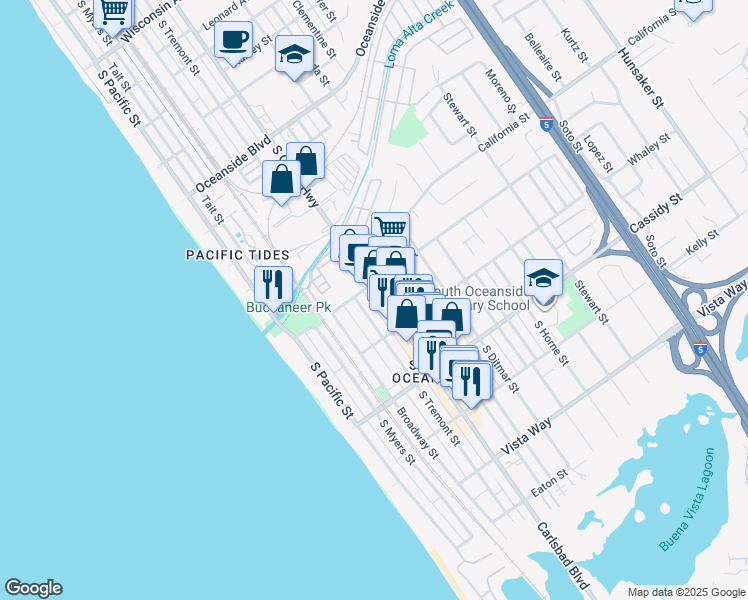 map of restaurants, bars, coffee shops, grocery stores, and more near 1573 Vista del Mar Way in Oceanside