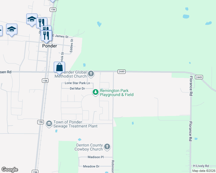map of restaurants, bars, coffee shops, grocery stores, and more near 411 Gulf Stream Lane in Ponder