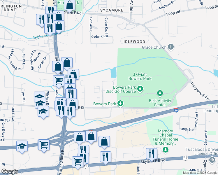 map of restaurants, bars, coffee shops, grocery stores, and more near 1350 James I Harrison Junior Parkway in Tuscaloosa