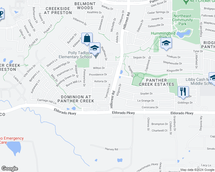 map of restaurants, bars, coffee shops, grocery stores, and more near 13012 Lineberry Lane in Frisco
