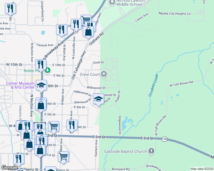 map of restaurants, bars, coffee shops, grocery stores, and more near 900 Crestline Avenue in Sylacauga