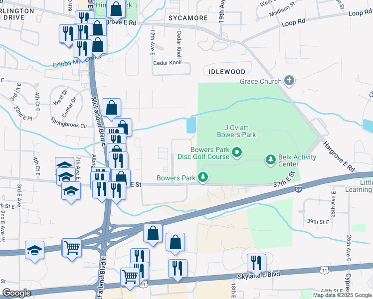 map of restaurants, bars, coffee shops, grocery stores, and more near 1350 James I Harrison Junior Parkway in Tuscaloosa