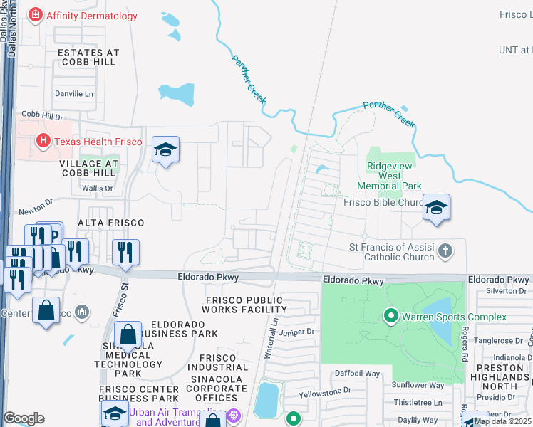map of restaurants, bars, coffee shops, grocery stores, and more near 12050 Research Road in Frisco