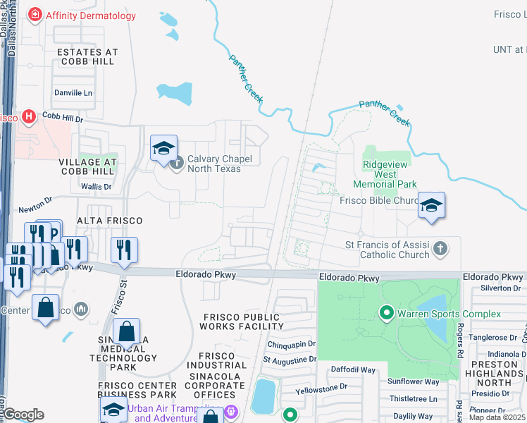 map of restaurants, bars, coffee shops, grocery stores, and more near 12050 Research Road in Frisco