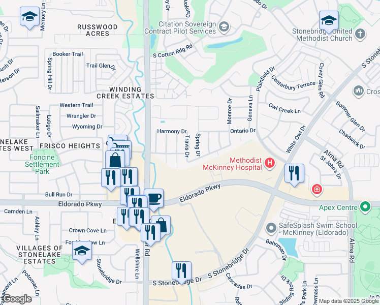 map of restaurants, bars, coffee shops, grocery stores, and more near 2621 Travis Drive in McKinney
