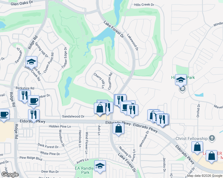 map of restaurants, bars, coffee shops, grocery stores, and more near 2114 Rock Wood Lane in McKinney