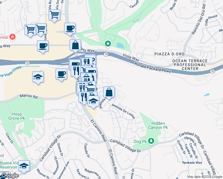 map of restaurants, bars, coffee shops, grocery stores, and more near 2552 Marron Road in Carlsbad