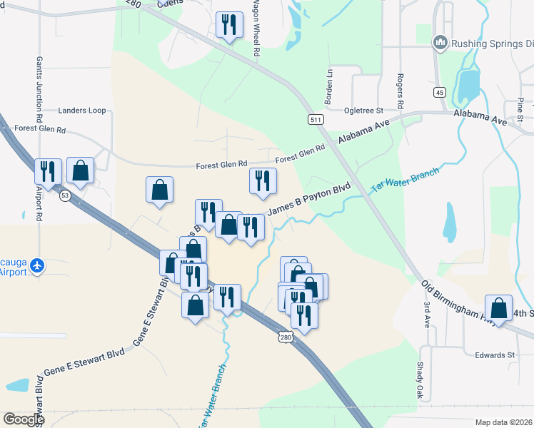 map of restaurants, bars, coffee shops, grocery stores, and more near 395 James B Payton Boulevard in Sylacauga