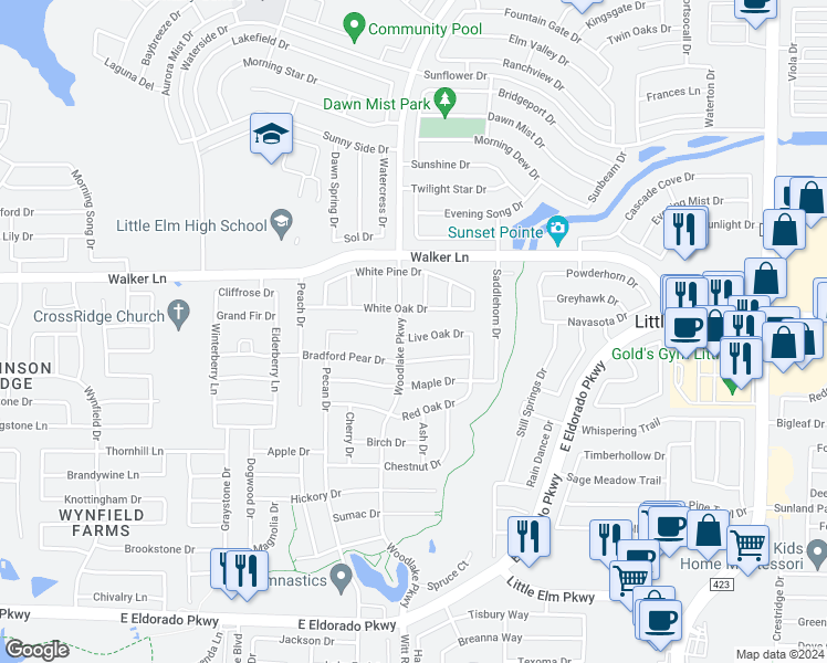 map of restaurants, bars, coffee shops, grocery stores, and more near 2309 Live Oak Drive in Little Elm