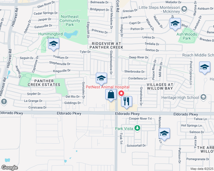 map of restaurants, bars, coffee shops, grocery stores, and more near 12175 Coit Road in Frisco