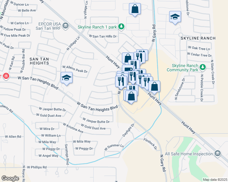 map of restaurants, bars, coffee shops, grocery stores, and more near 32971 North Hidden Canyon Drive in Queen Creek
