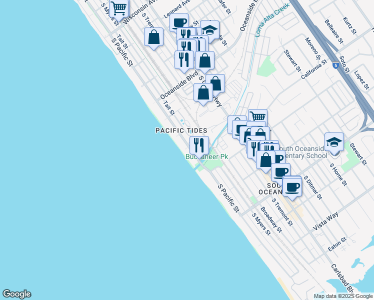 map of restaurants, bars, coffee shops, grocery stores, and more near in Oceanside