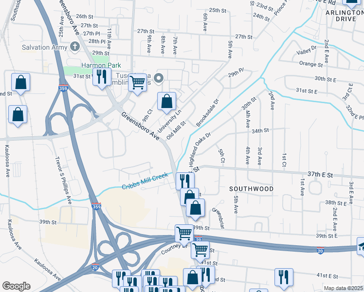 map of restaurants, bars, coffee shops, grocery stores, and more near 805 Old Mill Street in Tuscaloosa