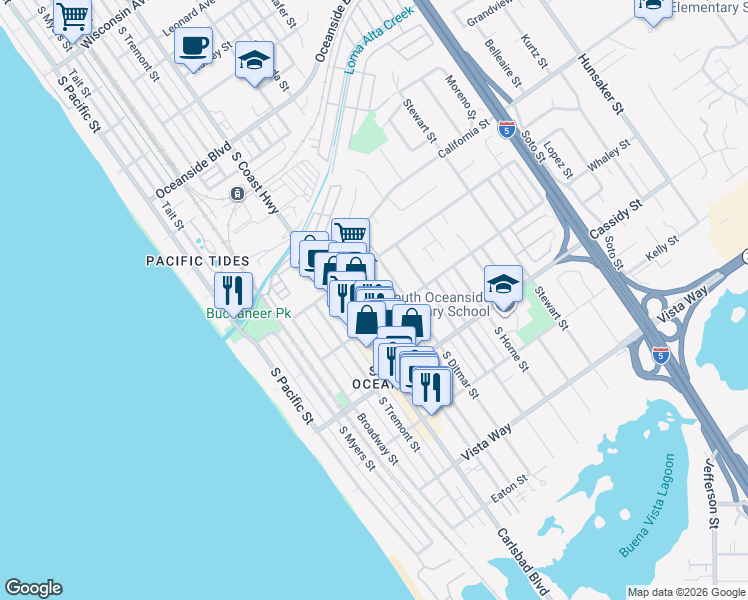 map of restaurants, bars, coffee shops, grocery stores, and more near 1635 Alvarado Street in Oceanside