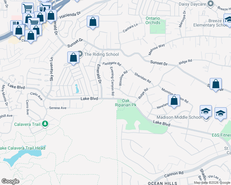 map of restaurants, bars, coffee shops, grocery stores, and more near 3588 Evening Canyon Road in Oceanside