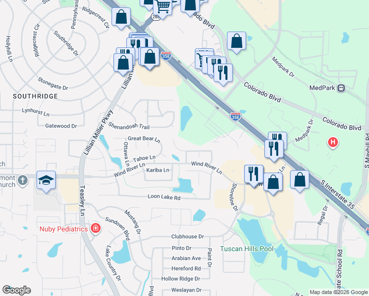 map of restaurants, bars, coffee shops, grocery stores, and more near 2633 Valencia Lane in Denton