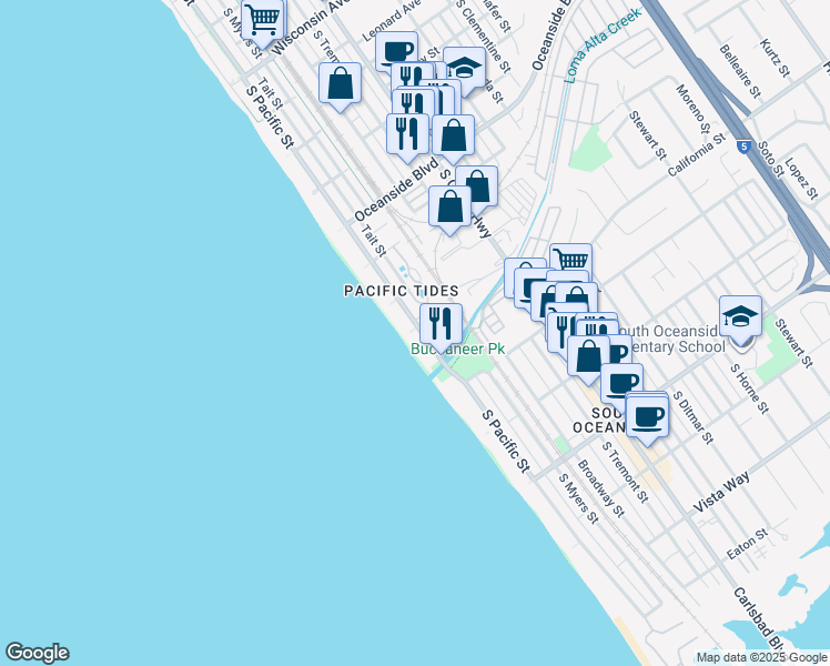 map of restaurants, bars, coffee shops, grocery stores, and more near in Oceanside