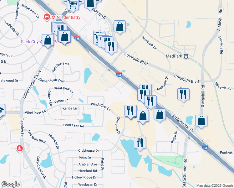 map of restaurants, bars, coffee shops, grocery stores, and more near 3200 South Interstate 35 in Denton