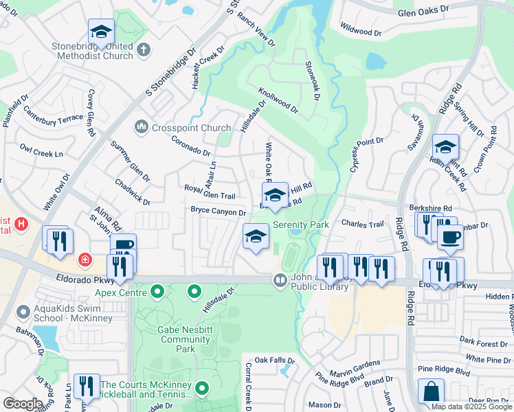 map of restaurants, bars, coffee shops, grocery stores, and more near 6951 Berkshire Road in McKinney