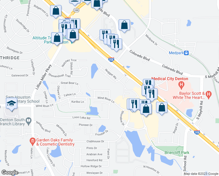map of restaurants, bars, coffee shops, grocery stores, and more near 2817 Valencia Lane in Denton