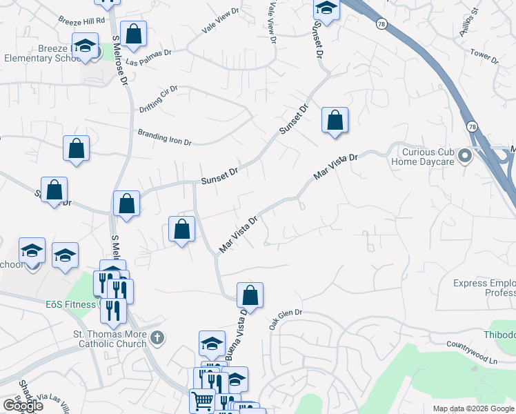 map of restaurants, bars, coffee shops, grocery stores, and more near 1047 Mar Vista Drive in Vista