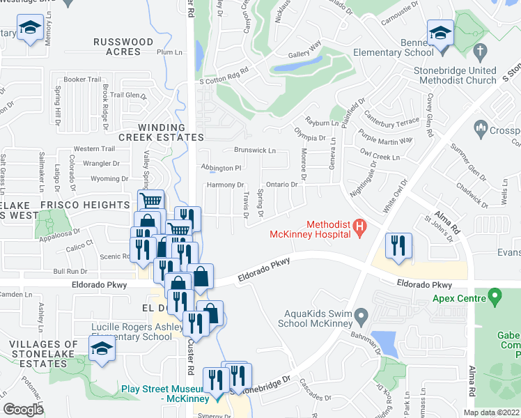 map of restaurants, bars, coffee shops, grocery stores, and more near 2613 Spring Drive in McKinney