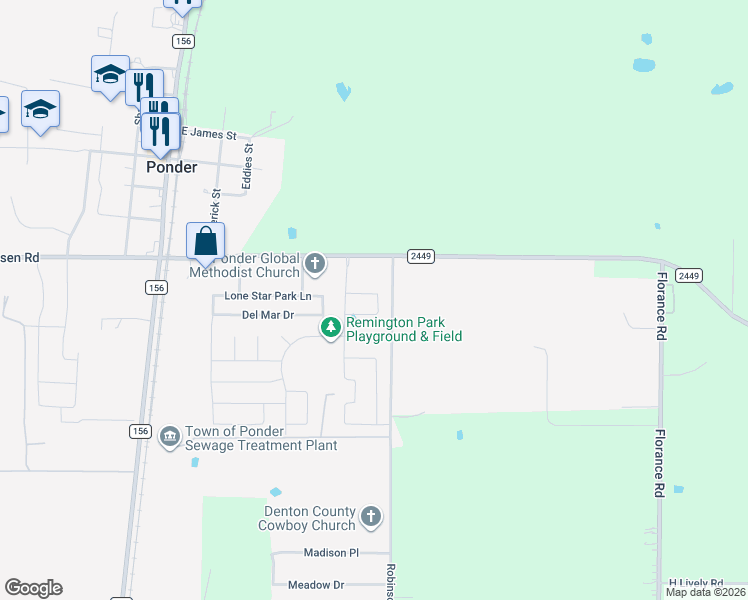 map of restaurants, bars, coffee shops, grocery stores, and more near 411 Gulf Stream Lane in Ponder