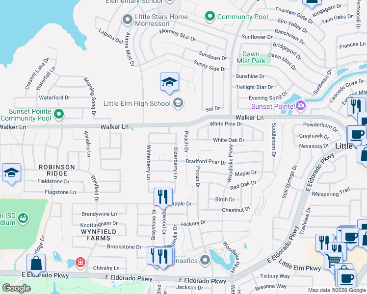 map of restaurants, bars, coffee shops, grocery stores, and more near 2729 Elderberry Lane in Little Elm