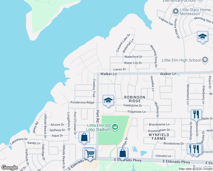 map of restaurants, bars, coffee shops, grocery stores, and more near 2701 North Wavecrest Court in Little Elm