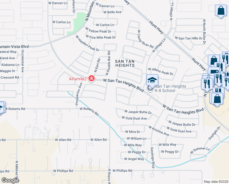 map of restaurants, bars, coffee shops, grocery stores, and more near 3015 West White Canyon Road in Queen Creek