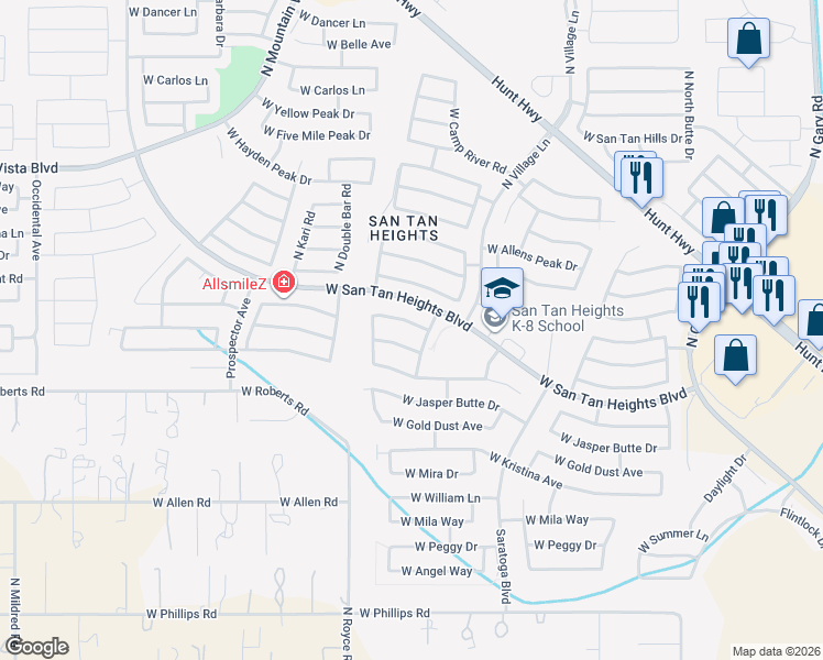 map of restaurants, bars, coffee shops, grocery stores, and more near 2899 West White Canyon Road in Queen Creek